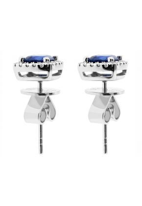 Square Sapphire Stud Earrings with Halo of Diamonds in 18k White Gold