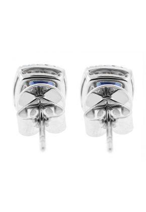 Square Sapphire Stud Earrings with Halo of Diamonds in 18k White Gold