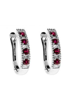 Huggie Style Ruby Earrings with Baguette Diamonds in 18k White Gold