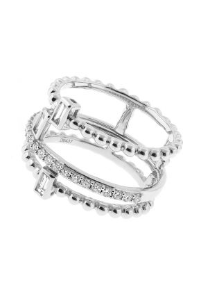 Modern Abstract Ring with Baguette and Round Diamonds and a Beaded Design in 18k White Gold