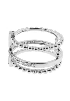 Modern Abstract Ring with Baguette and Round Diamonds and a Beaded Design in 18k White Gold