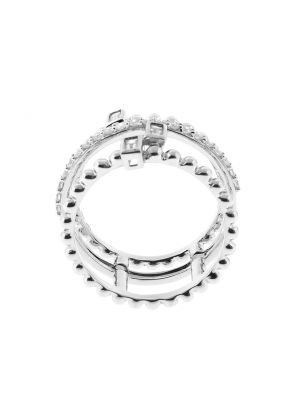 Modern Abstract Ring with Baguette and Round Diamonds and a Beaded Design in 18k White Gold