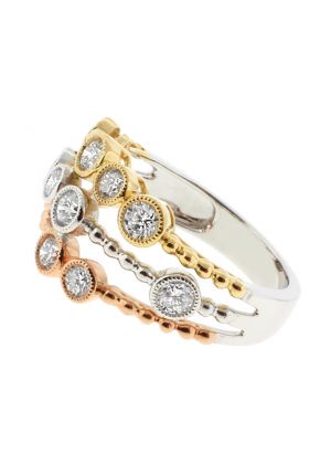 Tri Tone Triple Row Beaded Style Ring with Bezel Set Diamonds Bordered by Milgrain in 18k White, Yellow, and Rose Gold