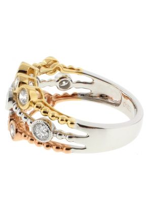 Tri Tone Triple Row Beaded Style Ring with Bezel Set Diamonds Bordered by Milgrain in 18k White, Yellow, and Rose Gold