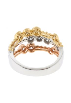 Tri Tone Triple Row Beaded Style Ring with Bezel Set Diamonds Bordered by Milgrain in 18k White, Yellow, and Rose Gold