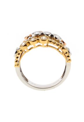 Tri Tone Triple Row Beaded Style Ring with Bezel Set Diamonds Bordered by Milgrain in 18k White, Yellow, and Rose Gold