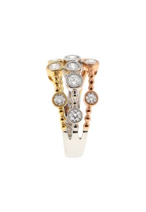 Tri Tone Triple Row Beaded Style Ring with Bezel Set Diamonds Bordered by Milgrain in 18k White, Yellow, and Rose Gold