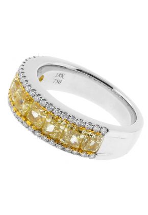 Ladies Fashion Ring with Fancy Yellow Diamonds Bordered by White Diamonds in 18k White Gold