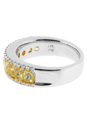 Ladies Fashion Ring with Fancy Yellow Diamonds Bordered by White Diamonds in 18k White Gold