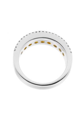 Ladies Fashion Ring with Fancy Yellow Diamonds Bordered by White Diamonds in 18k White Gold