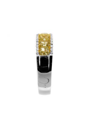Ladies Fashion Ring with Fancy Yellow Diamonds Bordered by White Diamonds in 18k White Gold