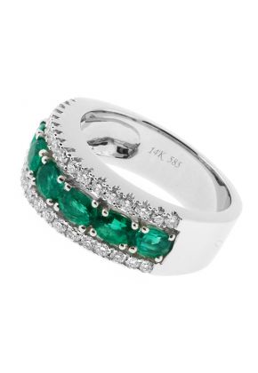 Ladies Fashion Ring with Emeralds Bordered by Diamonds in 18k White Gold