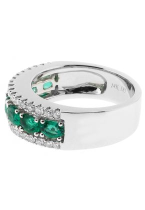 Ladies Fashion Ring with Emeralds Bordered by Diamonds in 18k White Gold