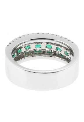 Ladies Fashion Ring with Emeralds Bordered by Diamonds in 18k White Gold