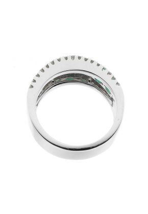 Ladies Fashion Ring with Emeralds Bordered by Diamonds in 18k White Gold