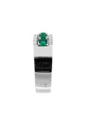 Ladies Fashion Ring with Emeralds Bordered by Diamonds in 18k White Gold