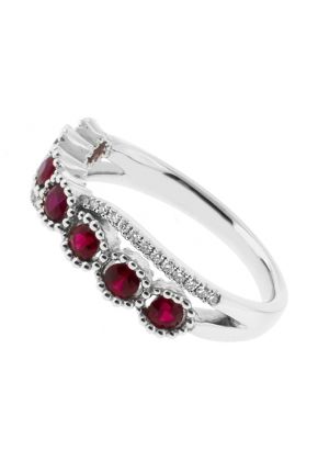 7 Stone Ruby Fashion Ring with Crossover Design of Diamonds in 18k White Gold
