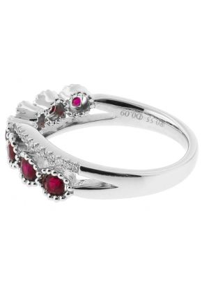 7 Stone Ruby Fashion Ring with Crossover Design of Diamonds in 18k White Gold