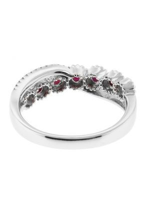 7 Stone Ruby Fashion Ring with Crossover Design of Diamonds in 18k White Gold