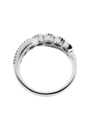 7 Stone Ruby Fashion Ring with Crossover Design of Diamonds in 18k White Gold