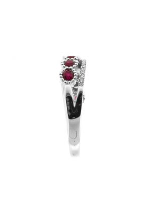 7 Stone Ruby Fashion Ring with Crossover Design of Diamonds in 18k White Gold