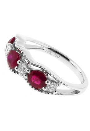 Openwork Ruby Fashion Ring with Diamonds and a Beaded Design in 18k White Gold