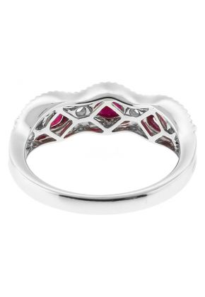 Openwork Ruby Fashion Ring with Diamonds and a Beaded Design in 18k White Gold
