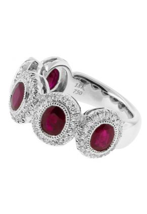 5 Stone Bezel Set Ruby Ring Bordered by Milgrain and Diamonds in 18k White Gold