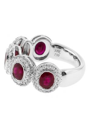 5 Stone Bezel Set Ruby Ring Bordered by Milgrain and Diamonds in 18k White Gold