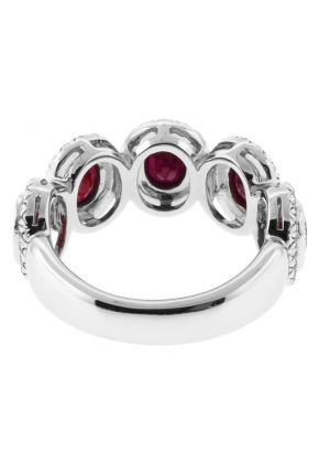 5 Stone Bezel Set Ruby Ring Bordered by Milgrain and Diamonds in 18k White Gold