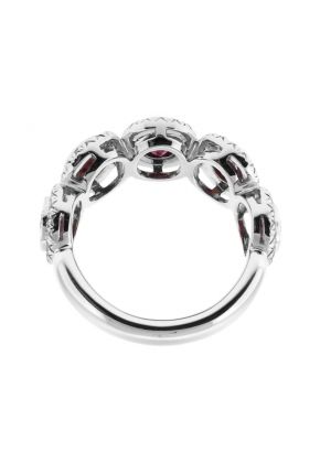 5 Stone Bezel Set Ruby Ring Bordered by Milgrain and Diamonds in 18k White Gold