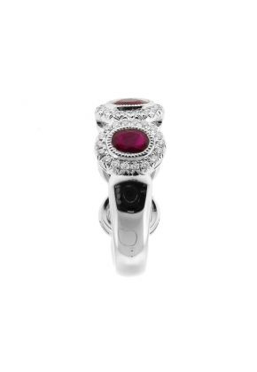 5 Stone Bezel Set Ruby Ring Bordered by Milgrain and Diamonds in 18k White Gold