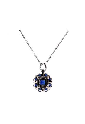 Square Halo Surrounded by a Round Halo Genuine Sapphire and Diamond Pendant in 18kt White Gold