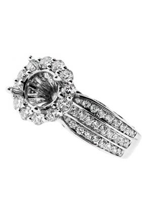 3 Row Shank, Round Halo Center, Diamond Engagement Ring Semi Mount in 18kt White Gold
