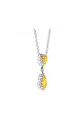 Fancy Yellow Heart and Pear Diamond with White Diamond Halo Necklace in 18kt White Gold
