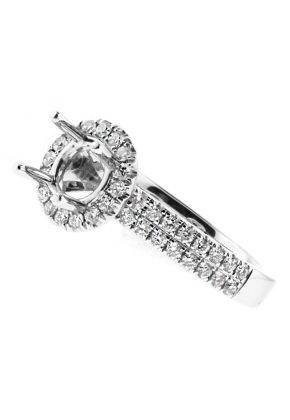 Round Halo with a 2 Row of Diamonds on Shank Engagement Ring Semi Mount in 18kt White Gold