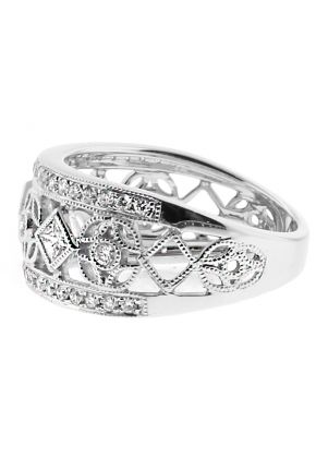 9.3mm Wide Ladies Ring with Open Design Work with Milgrain Detail in 18kt White Gold