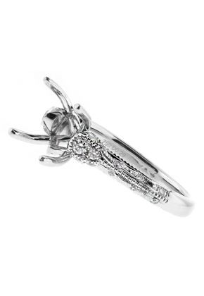 Scalloped Side Design, Knife Edge, Milgrain, Tear Drop Shape Sides Diamond Engagement Ring Semi Mount in 18kt White Gold