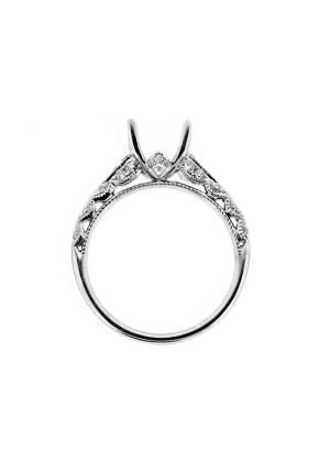 Scalloped Side Design, Knife Edge, Milgrain, Tear Drop Shape Sides Diamond Engagement Ring Semi Mount in 18kt White Gold