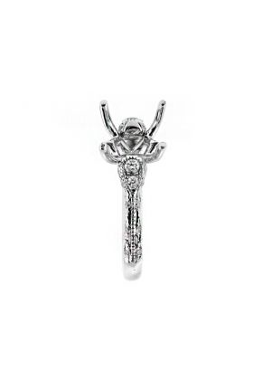 Scalloped Side Design, Knife Edge, Milgrain, Tear Drop Shape Sides Diamond Engagement Ring Semi Mount in 18kt White Gold
