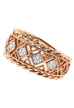 8.9mm Wide, Rope and Open work Design Ladies Diamond Ring in 18kt Rose Gold