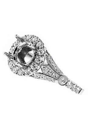 Round Halo One Extending to Three Row Split Milgrain Design Shank Engagement Ring Semi Mount