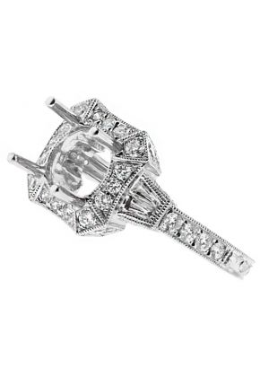 Vintage Halo Baguette and Round Diamond Engagement Ring Semi Mount in 18kt White Gold