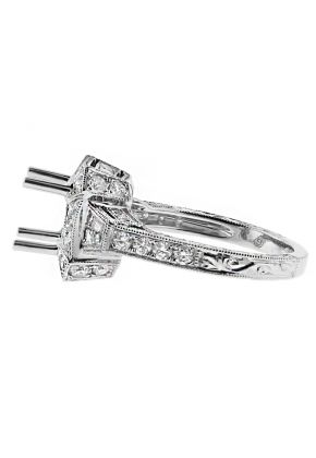 Vintage Halo Baguette and Round Diamond Engagement Ring Semi Mount in 18kt White Gold