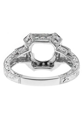 Vintage Halo Baguette and Round Diamond Engagement Ring Semi Mount in 18kt White Gold