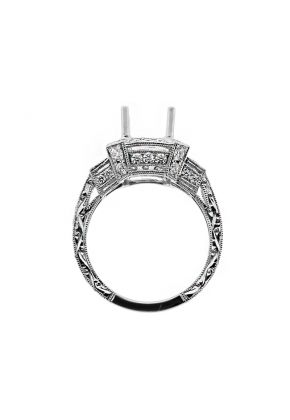 Vintage Halo Baguette and Round Diamond Engagement Ring Semi Mount in 18kt White Gold