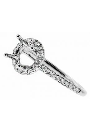 Round Halo Single Row Diamond Shank Engagement Ring Semi Mount in 18kt White Gld