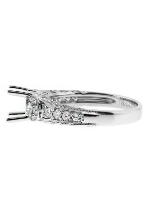 3 Stone Look, Scallop Side Design, Engagement Ring Semi Mount in 18kt White Gold