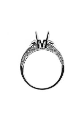 3 Stone Look, Scallop Side Design, Engagement Ring Semi Mount in 18kt White Gold