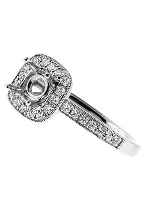 Picture Frame Halo, Milgrain Detail, Diamond Engagement Ring Semi Mount in 18kt White Gold